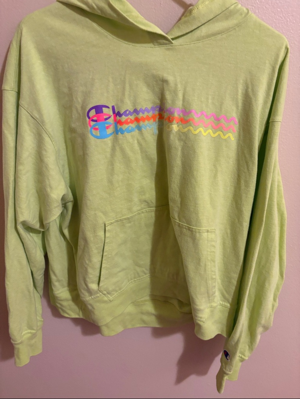 Champion Lime Green Hoodie with Multicolor Logo Waves